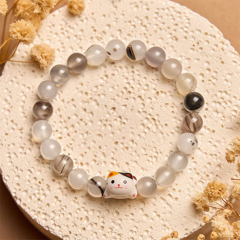 Wear FengShui Calico Cat Natural Agate Stone Ceramic Kitten Head Power Bracelet