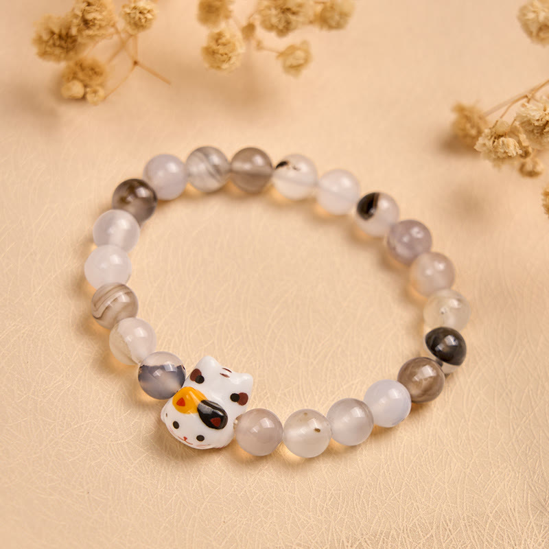 Wear FengShui Calico Cat Natural Agate Stone Ceramic Kitten Head Power Bracelet