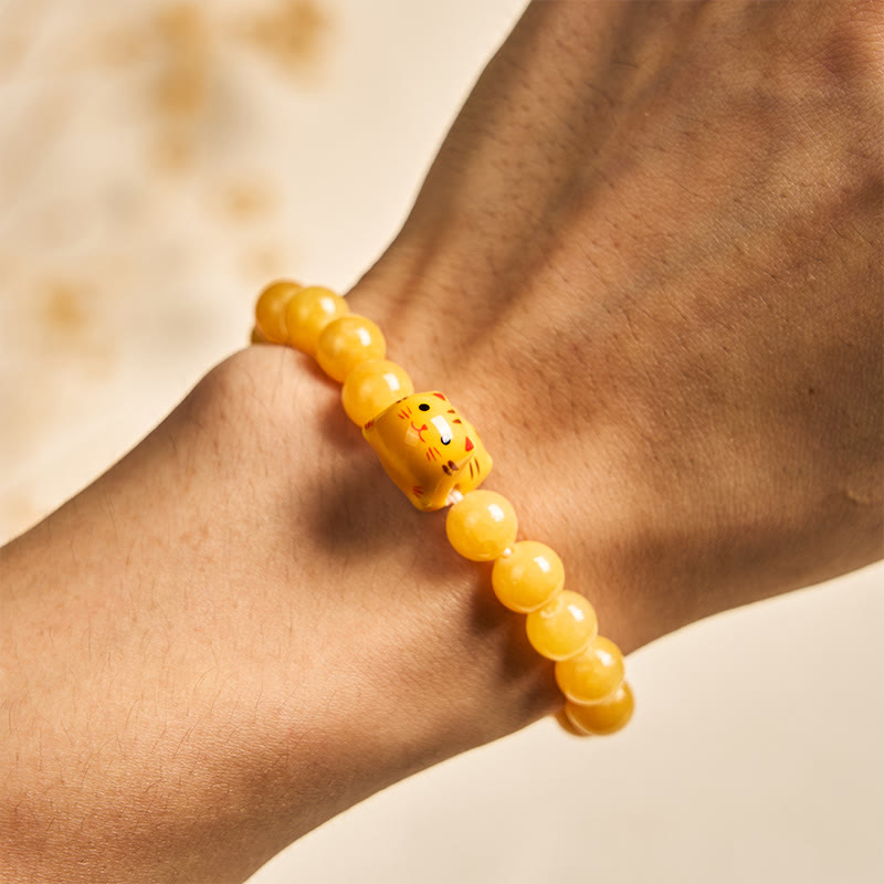 Wear FengShui Orange Tabby Cat Yellow Chalcedony Ceramic Kitten Joy Bracelet