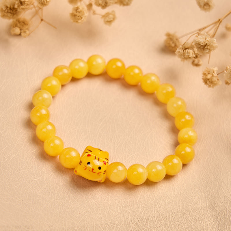 Wear FengShui Orange Tabby Cat Yellow Chalcedony Ceramic Kitten Joy Bracelet