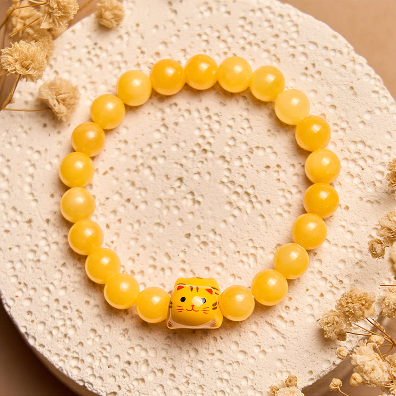 Wear FengShui Orange Tabby Cat Yellow Chalcedony Ceramic Kitten Joy Bracelet