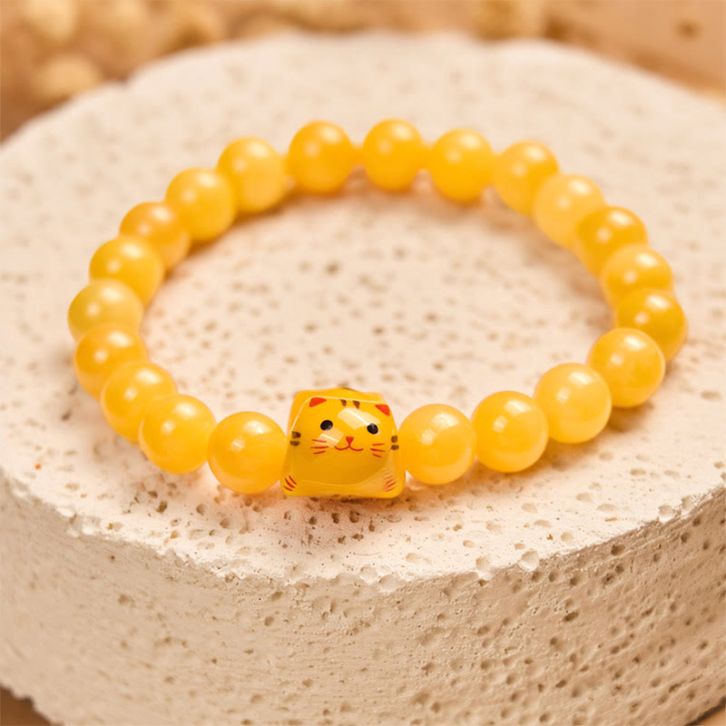 Wear FengShui Orange Tabby Cat Yellow Chalcedony Ceramic Kitten Joy Bracelet