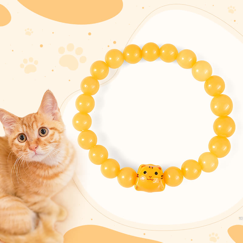 Wear FengShui Orange Tabby Cat Yellow Chalcedony Ceramic Kitten Joy Bracelet