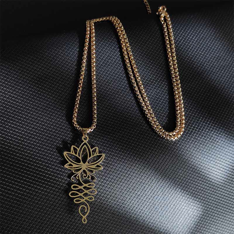 Wear FengShui Lotus Vines Design Chakra Symbol Stainless Steel Enlightenment Necklace Pendant