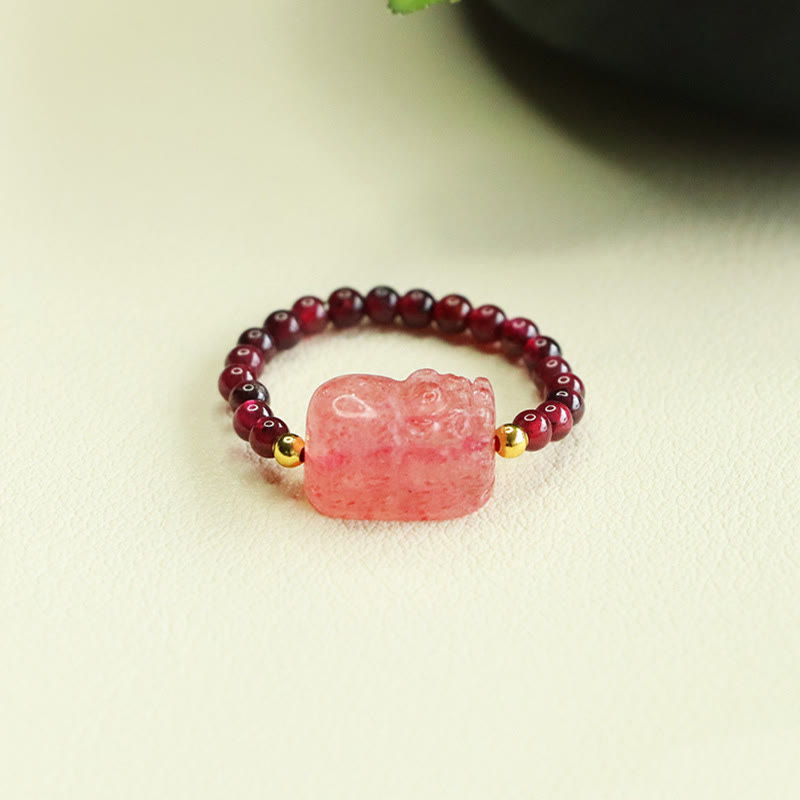 Wear FengShui Garnet Beads Strawberry Quartz Pixiu Protection Ring