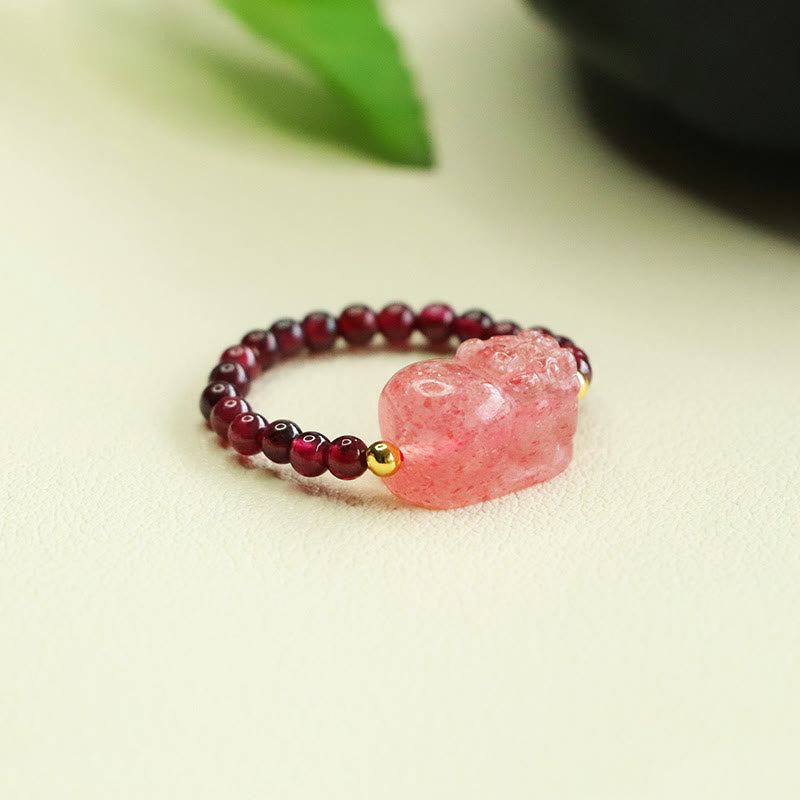 Wear FengShui Garnet Beads Strawberry Quartz Pixiu Protection Ring