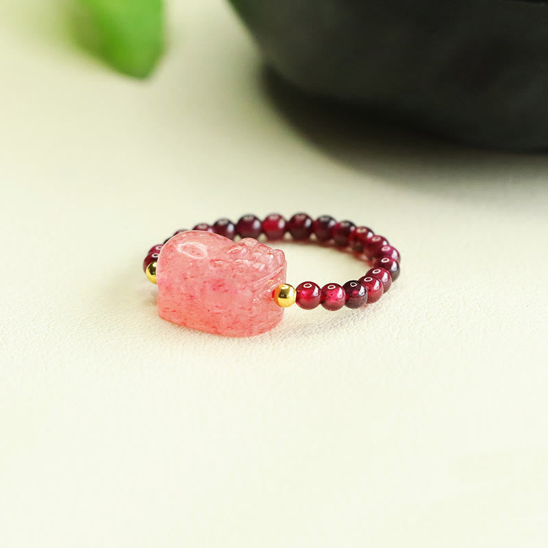Wear FengShui Garnet Beads Strawberry Quartz Pixiu Protection Ring