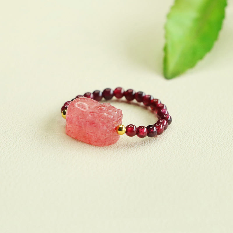 Wear FengShui Garnet Beads Strawberry Quartz Pixiu Protection Ring