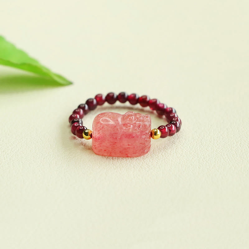 Wear FengShui Garnet Beads Strawberry Quartz Pixiu Protection Ring