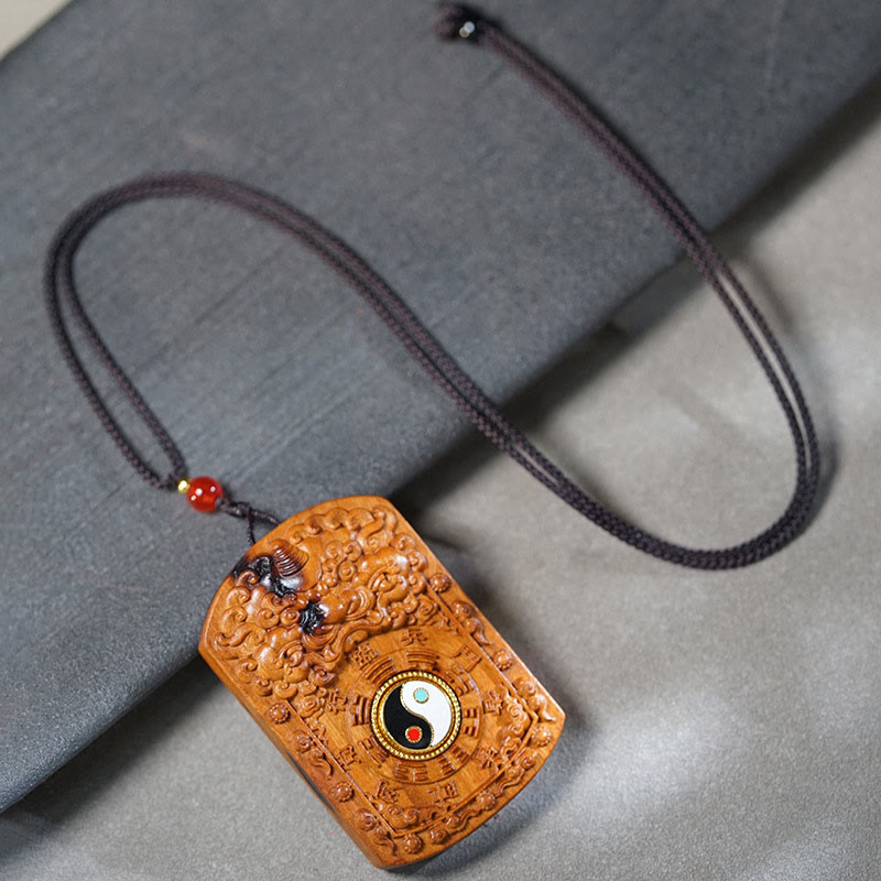 Wear FengShui Lightning Struck Jujube Wood Dragon Yin Yang Bagua Protection Necklace Pendant
