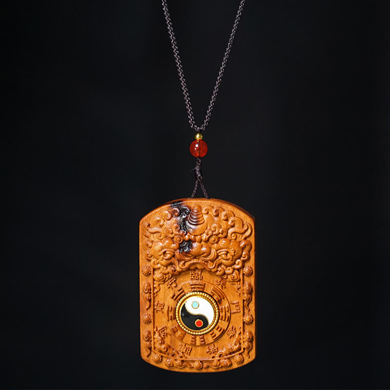 Wear FengShui Lightning Struck Jujube Wood Dragon Yin Yang Bagua Protection Necklace Pendant