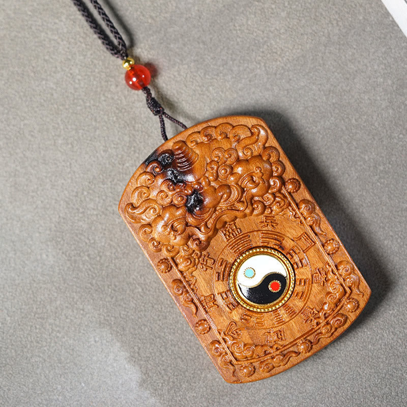 Wear FengShui Lightning Struck Jujube Wood Dragon Yin Yang Bagua Protection Necklace Pendant