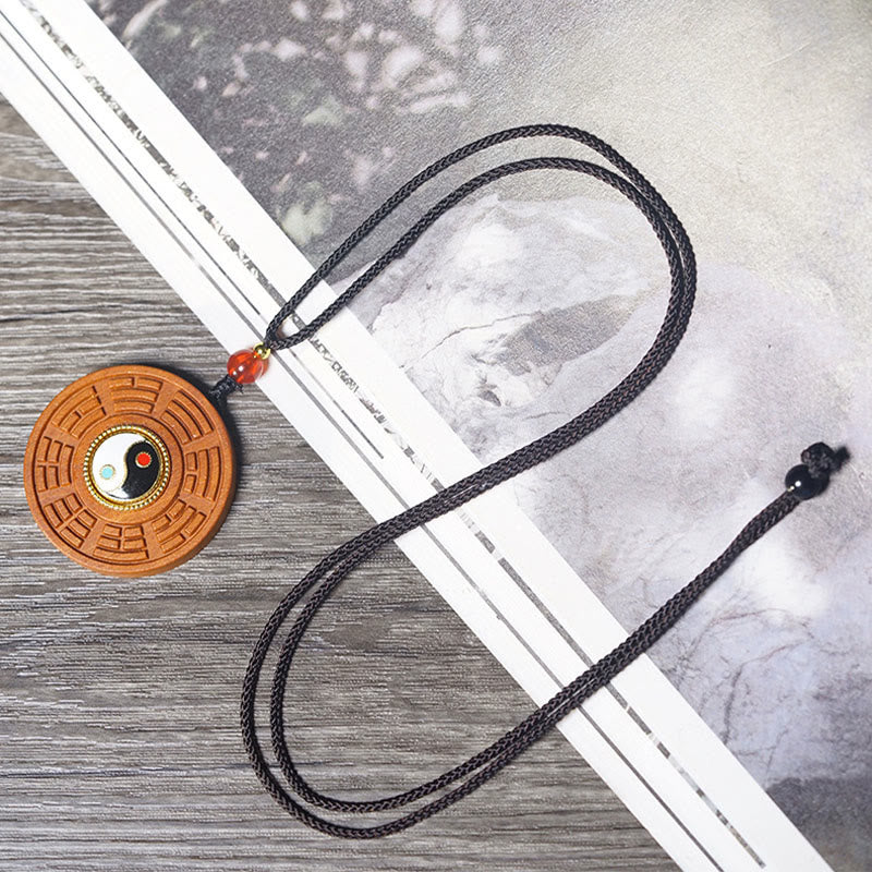 Wear FengShui Lightning Struck Jujube Wood Yin Yang Bagua Luck Necklace Pendant