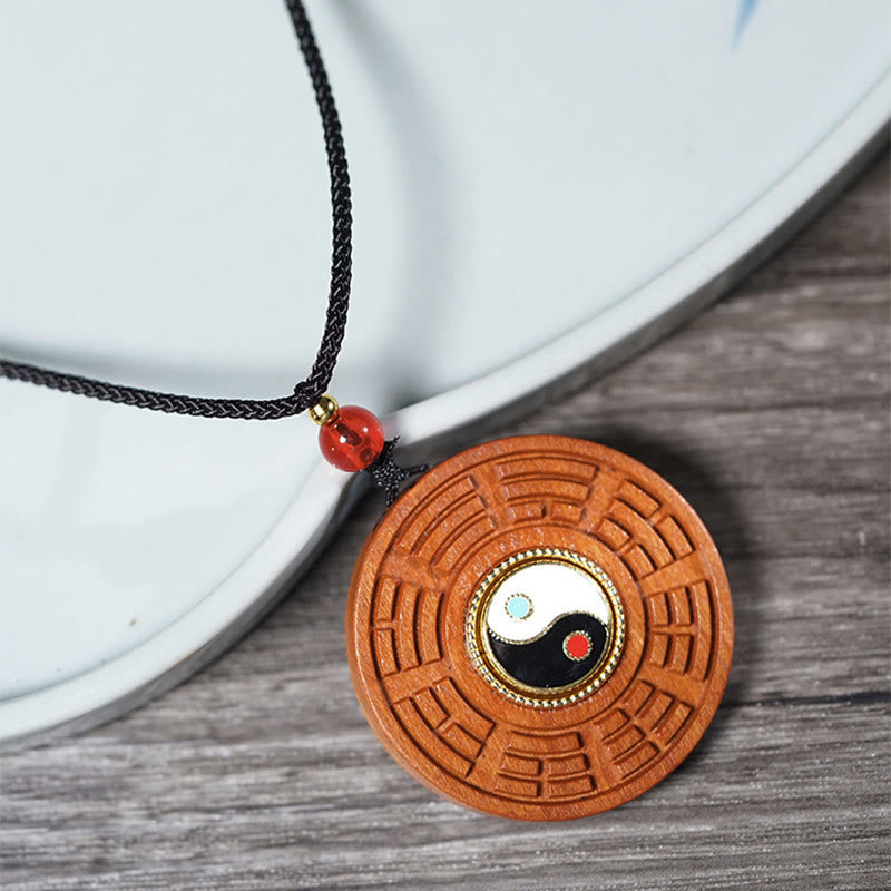 Wear FengShui Lightning Struck Jujube Wood Yin Yang Bagua Luck Necklace Pendant