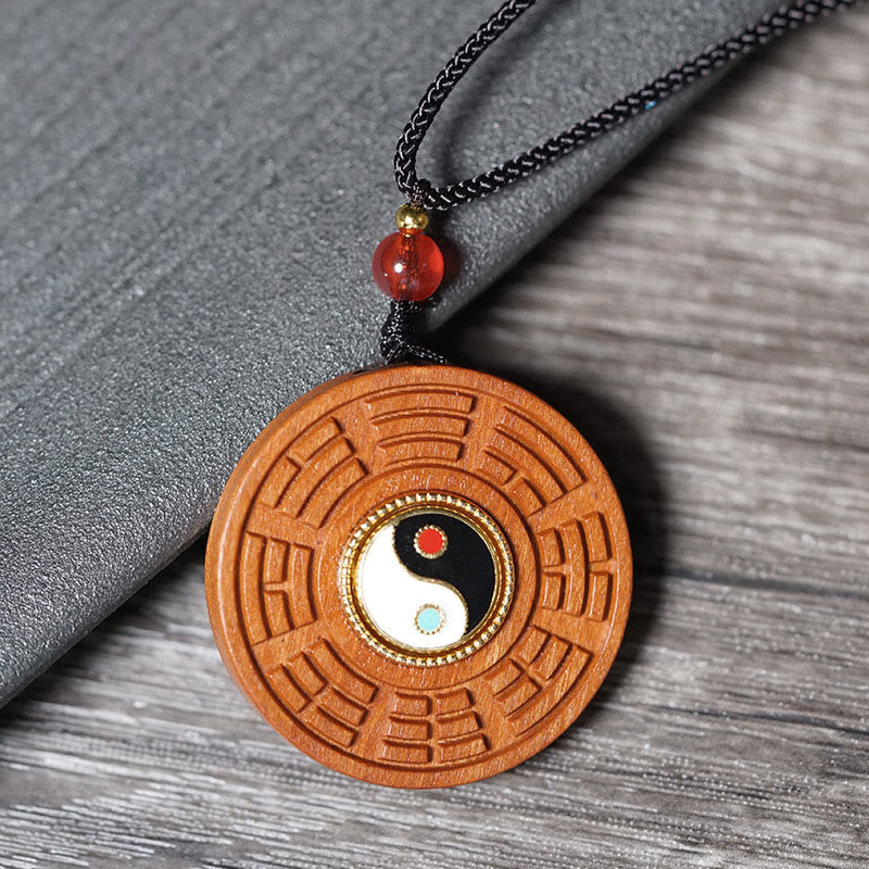 Wear FengShui Lightning Struck Jujube Wood Yin Yang Bagua Luck Necklace Pendant