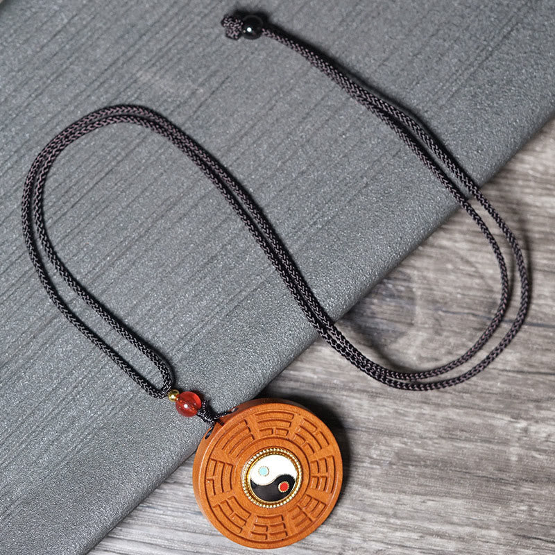 Wear FengShui Lightning Struck Jujube Wood Yin Yang Bagua Luck Necklace Pendant
