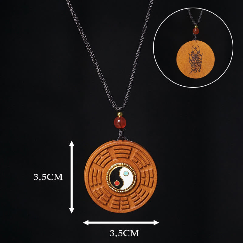 Wear FengShui Lightning Struck Jujube Wood Yin Yang Bagua Luck Necklace Pendant