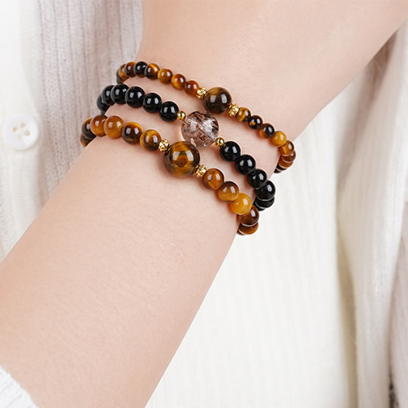 Wear FengShui Tiger Eye Black Obsidian Courage Beads Bracelet