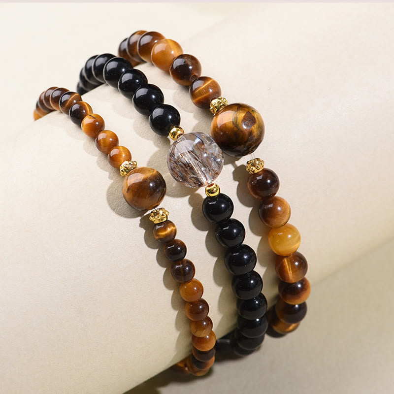 Wear FengShui Tiger Eye Black Obsidian Courage Beads Bracelet