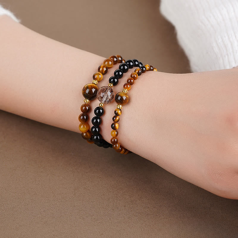 Wear FengShui Tiger Eye Black Obsidian Courage Beads Bracelet