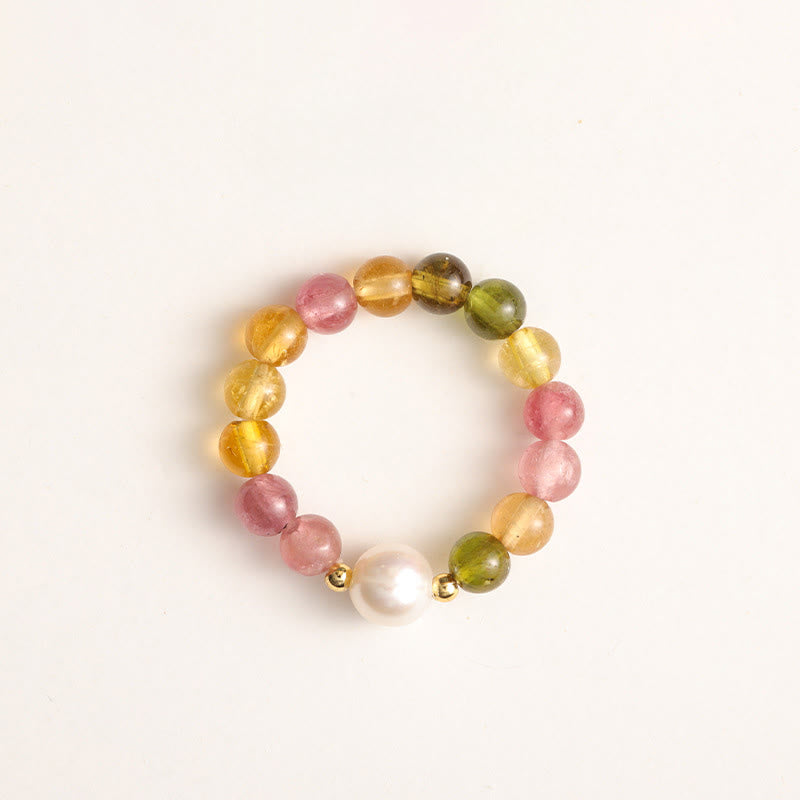 Wear FengShui Natural Tourmaline Lucky Pearl Pixiu Amber Positive Love Ring