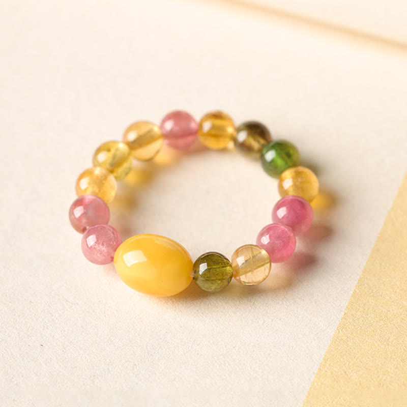 Wear FengShui Natural Tourmaline Lucky Pearl Pixiu Amber Positive Love Ring