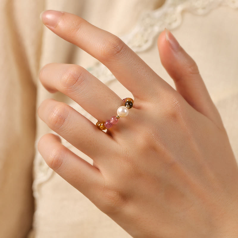 Wear FengShui Natural Tourmaline Lucky Pearl Pixiu Amber Positive Love Ring