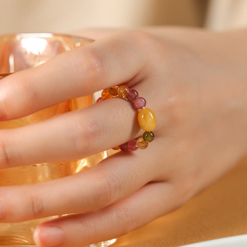 Wear FengShui Natural Tourmaline Lucky Pearl Pixiu Amber Positive Love Ring