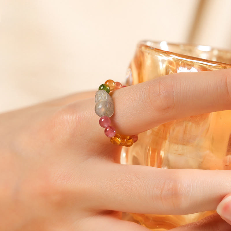 Wear FengShui Natural Tourmaline Lucky Pearl Pixiu Amber Positive Love Ring