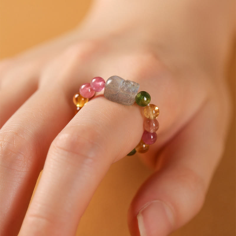 Wear FengShui Natural Tourmaline Lucky Pearl Pixiu Amber Positive Love Ring