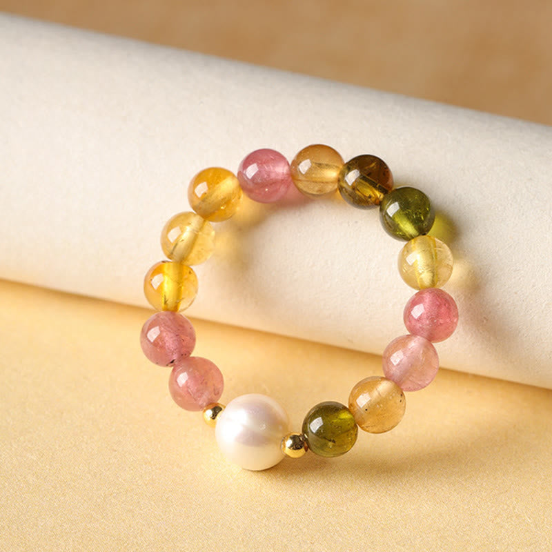 Wear FengShui Natural Tourmaline Lucky Pearl Pixiu Amber Positive Love Ring