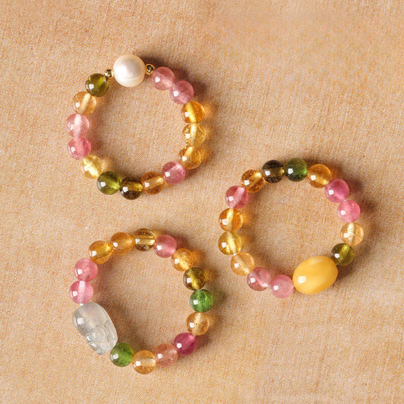 Wear FengShui Natural Tourmaline Lucky Pearl Pixiu Amber Positive Love Ring
