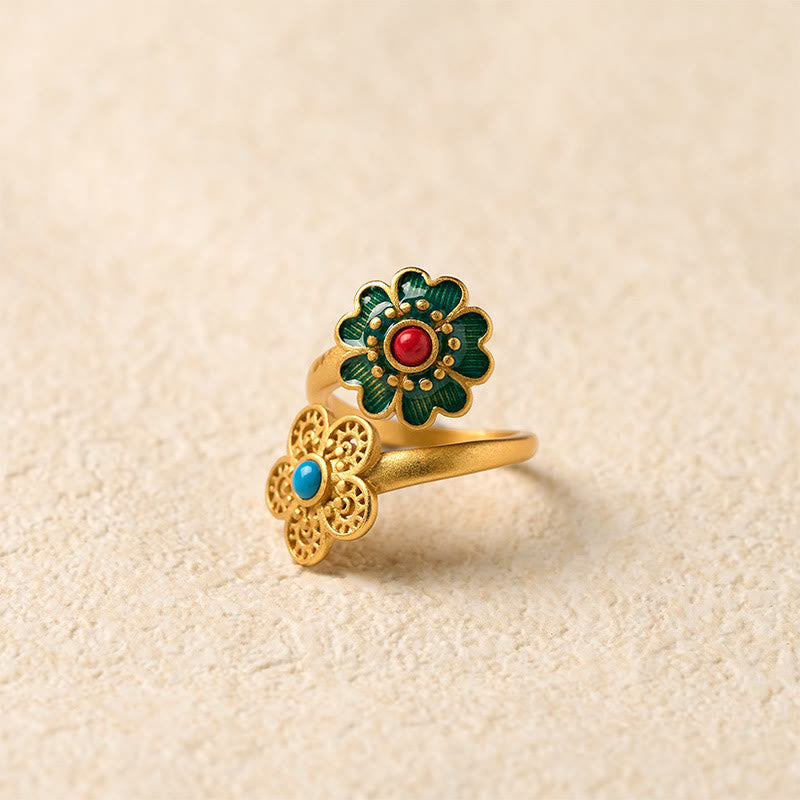 Wear FengShui Double Petals Copper Dripping Turquoise Wealth Ring