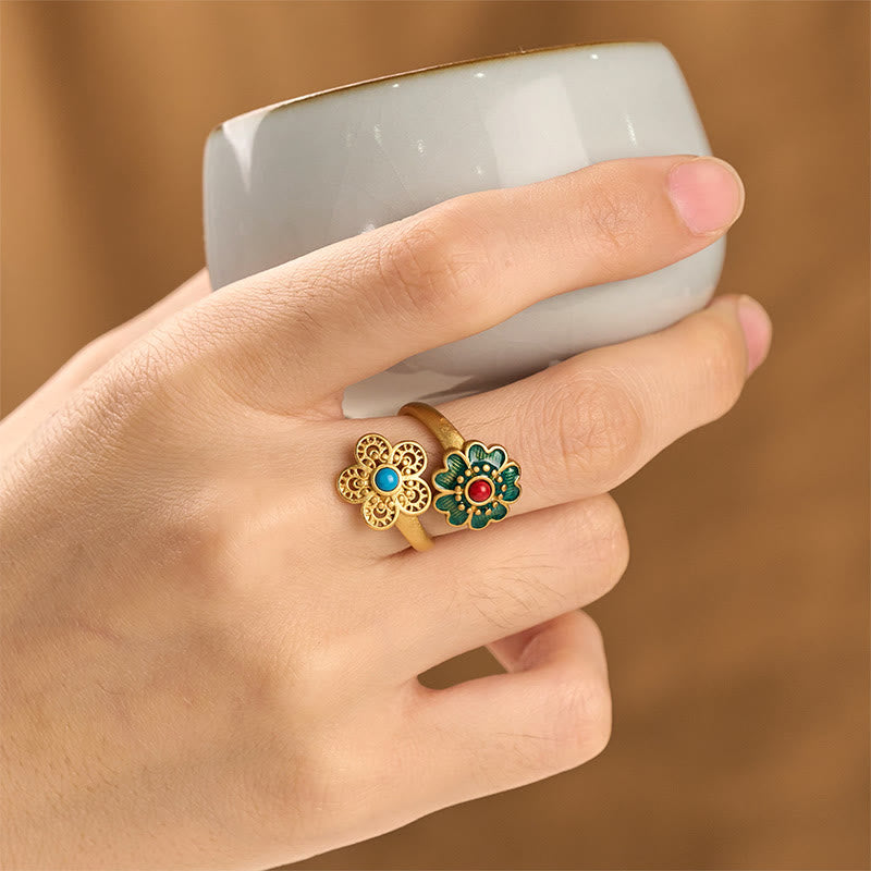 Wear FengShui Double Petals Copper Dripping Turquoise Wealth Ring