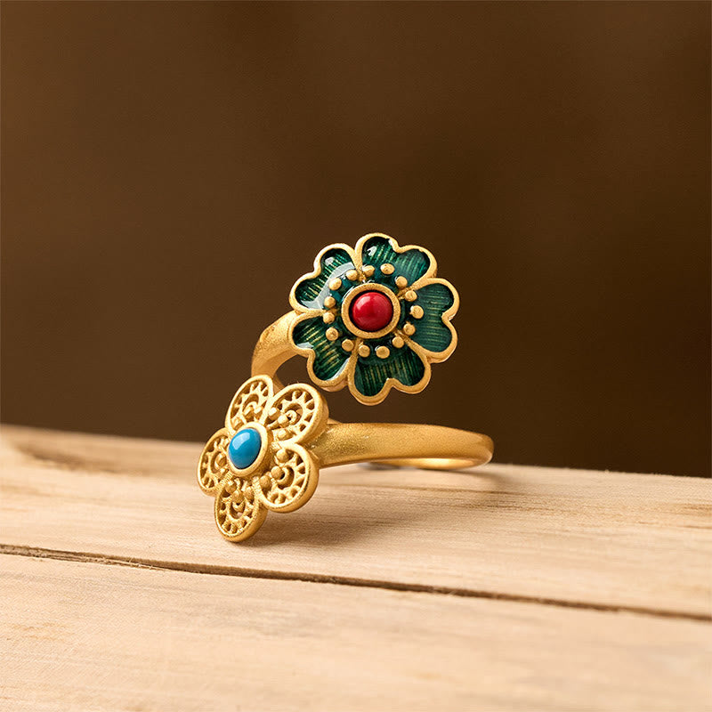 Wear FengShui Double Petals Copper Dripping Turquoise Wealth Ring