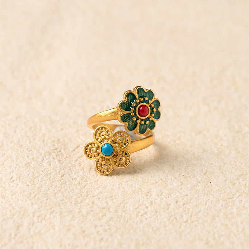 Wear FengShui Double Petals Copper Dripping Turquoise Wealth Ring