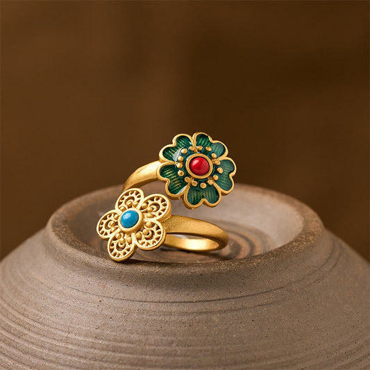 Wear FengShui Double Petals Copper Dripping Turquoise Wealth Ring
