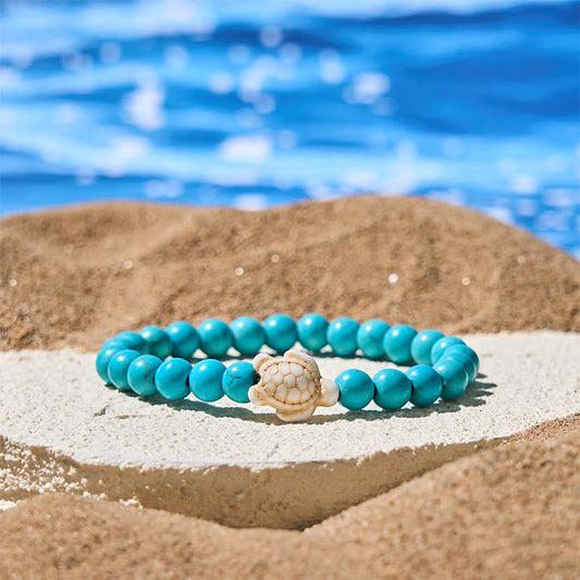 Wear FengShui Natural Stone Sea Turtle Turquoise Crackle Agate Wisdom Bracelet