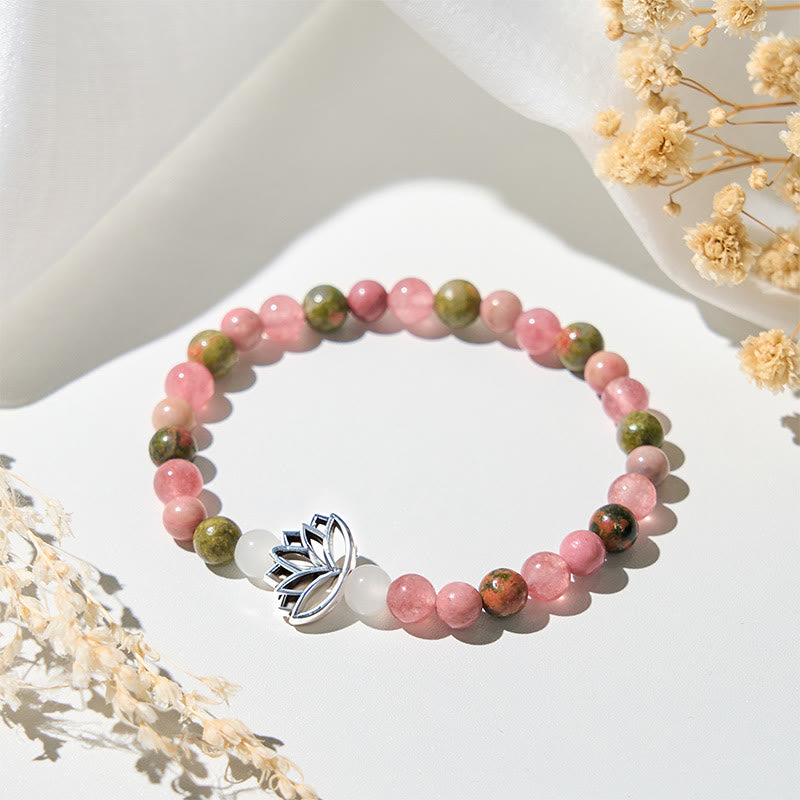Wear FengShui Rhodonite Unakite Beads Lotus Healing Bracelet