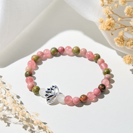 Wear FengShui Rhodonite Unakite Beads Lotus Healing Bracelet