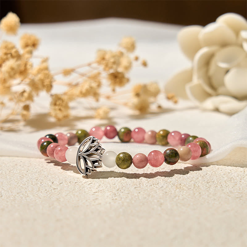 Wear FengShui Rhodonite Unakite Beads Lotus Healing Bracelet
