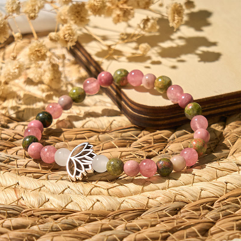 Wear FengShui Rhodonite Unakite Beads Lotus Healing Bracelet