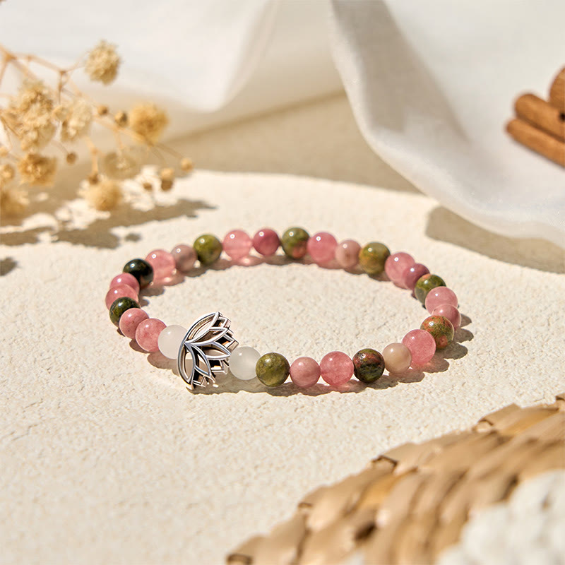 Wear FengShui Rhodonite Unakite Beads Lotus Healing Bracelet