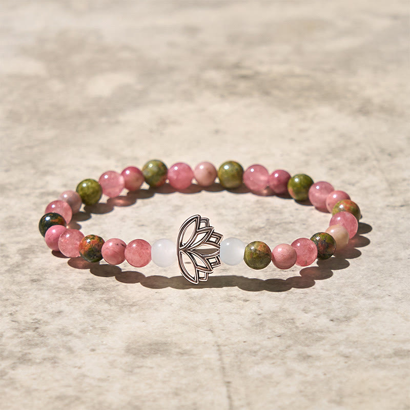 Wear FengShui Rhodonite Unakite Beads Lotus Healing Bracelet