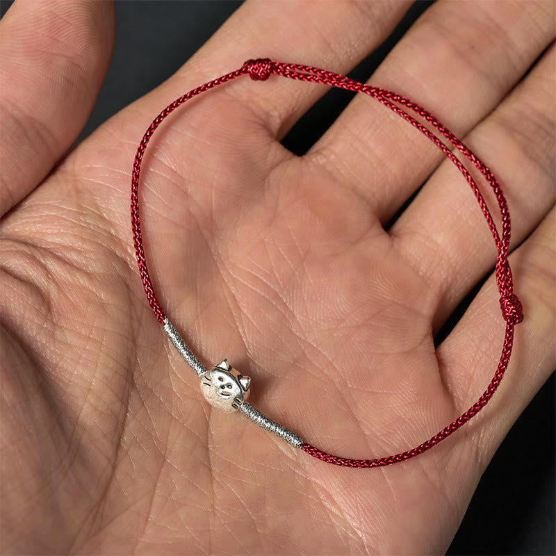 Wear FengShui 925 Sterling Silver Cute Cat Red String Braided Bracelet