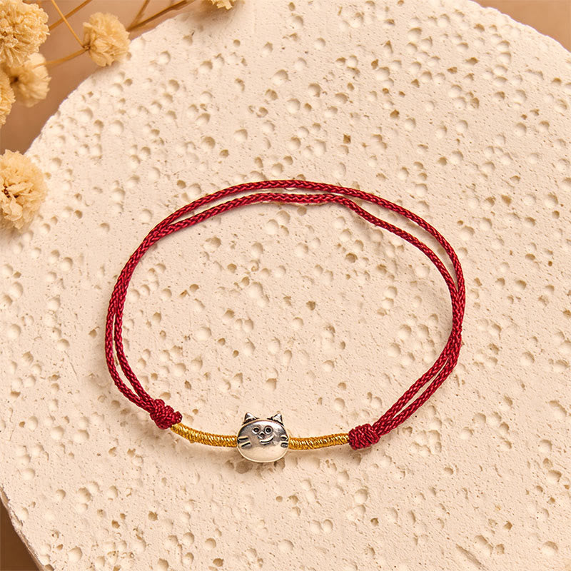 Wear FengShui 925 Sterling Silver Cute Cat Red String Braided Bracelet