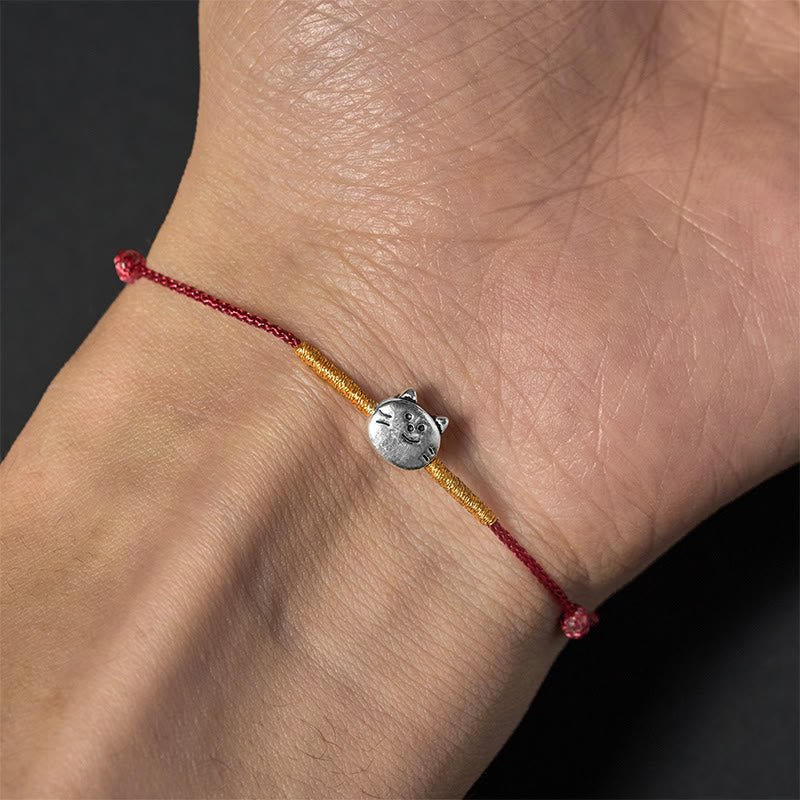 Wear FengShui 925 Sterling Silver Cute Cat Red String Braided Bracelet
