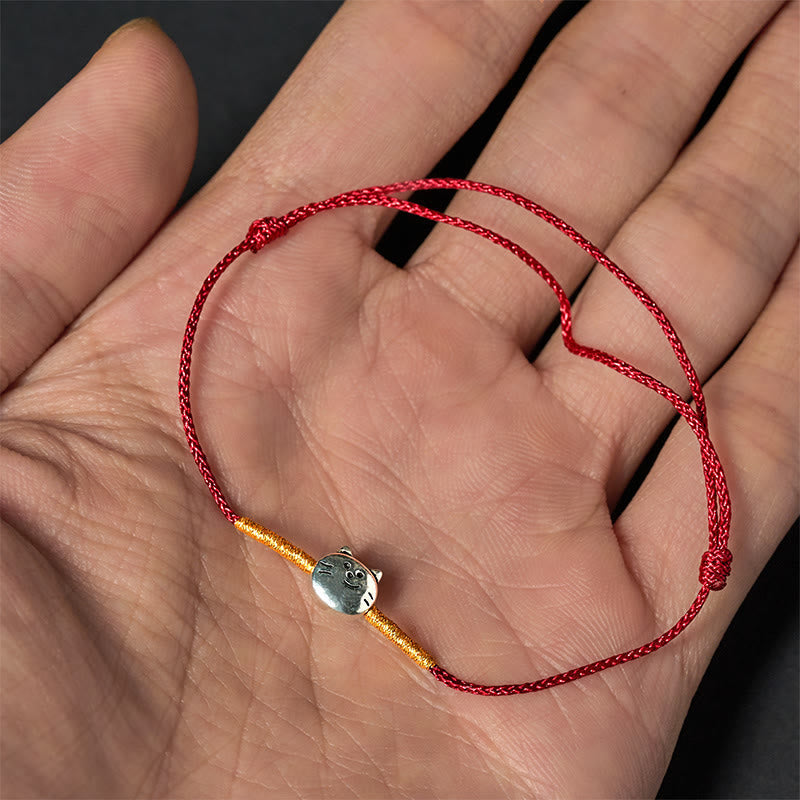 Wear FengShui 925 Sterling Silver Cute Cat Red String Braided Bracelet