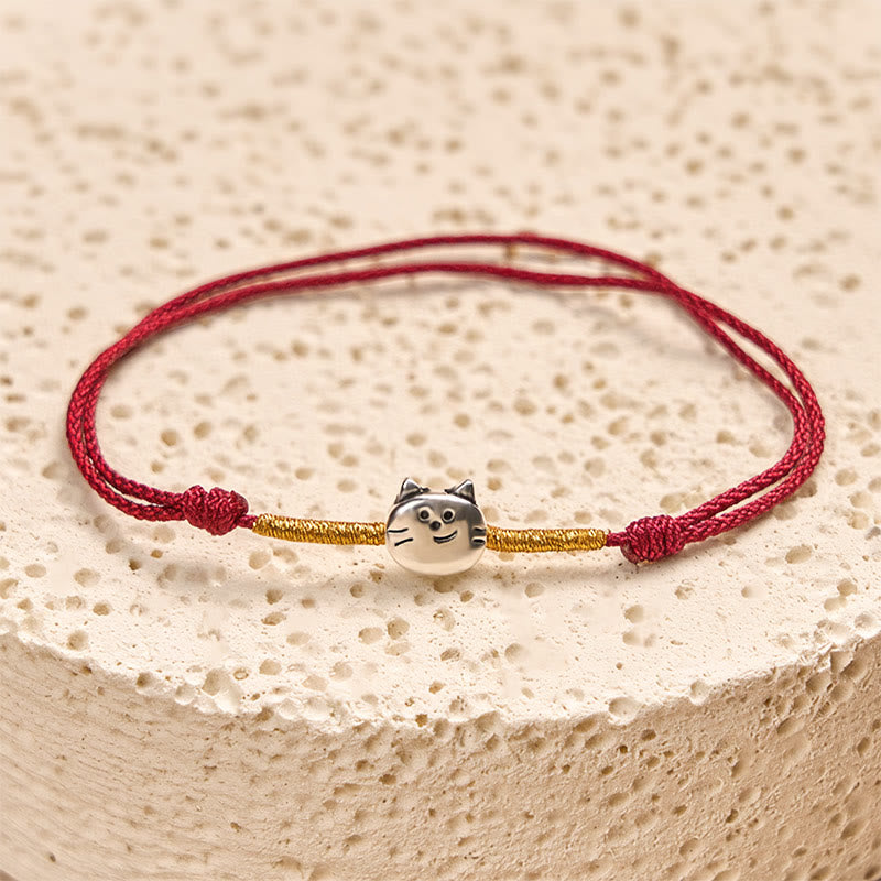 Wear FengShui 925 Sterling Silver Cute Cat Red String Braided Bracelet