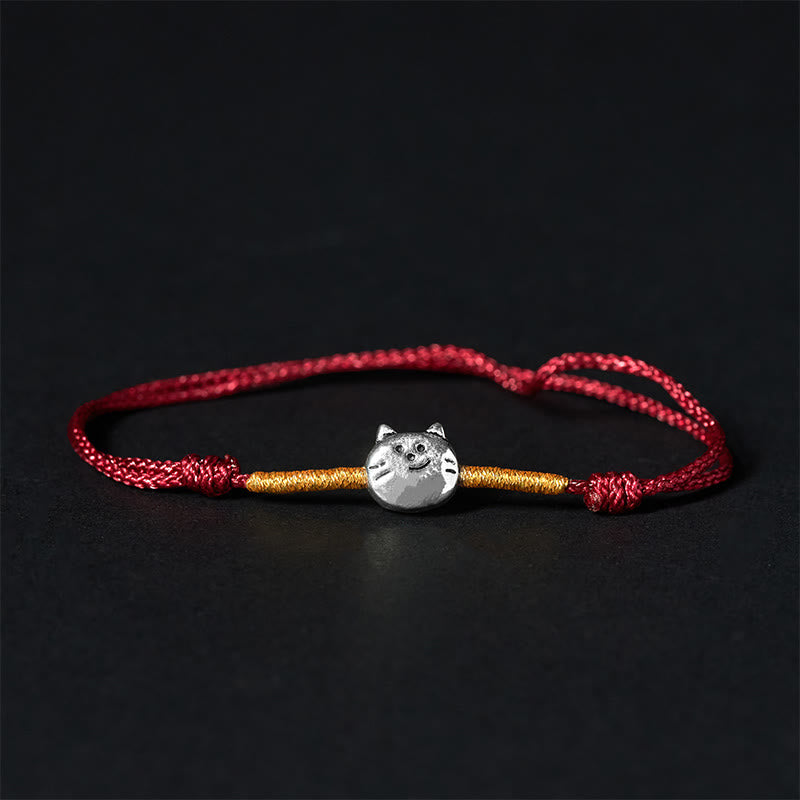 Wear FengShui 925 Sterling Silver Cute Cat Red String Braided Bracelet
